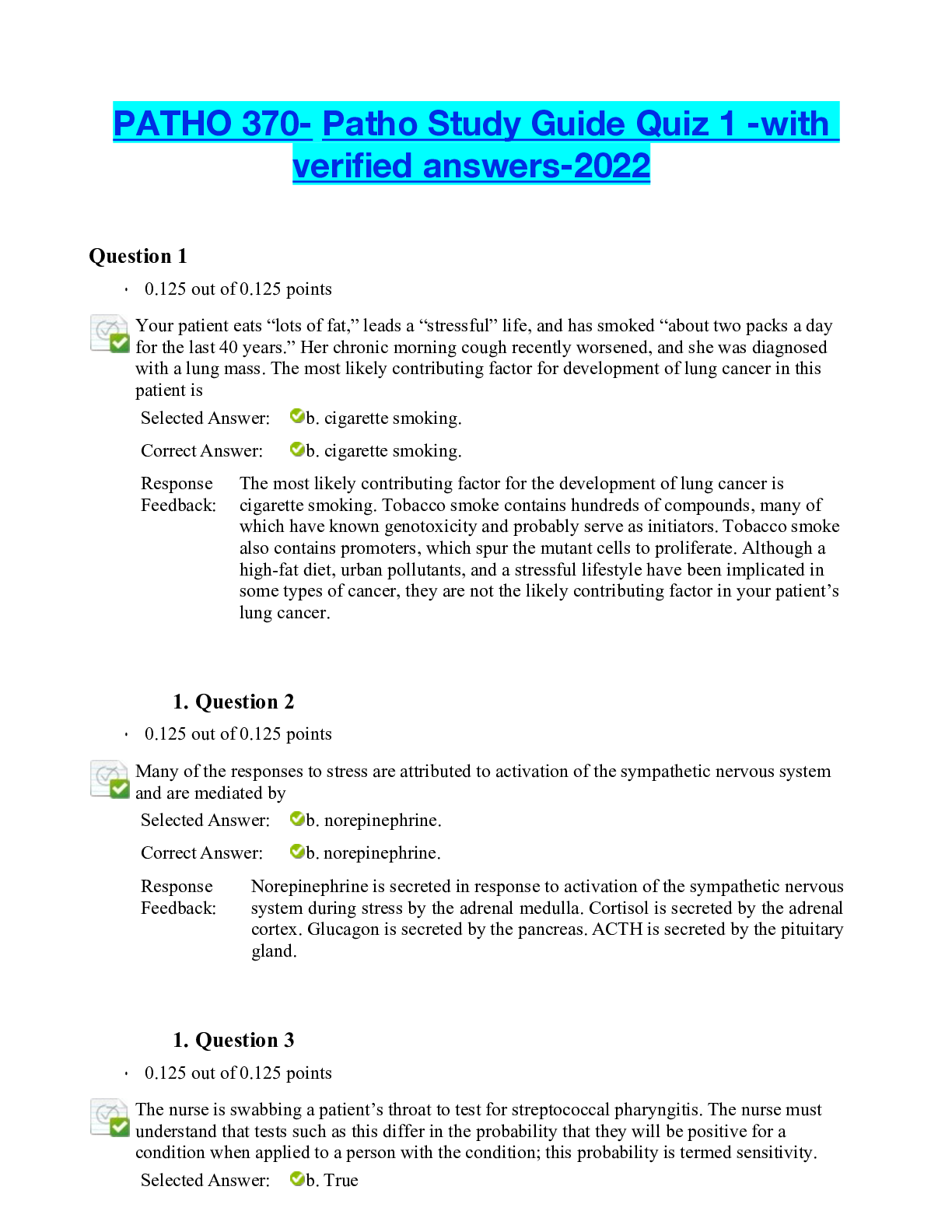 Preview of PATHO 370- Patho Study Guide Quiz 1 -with verified answers-2022